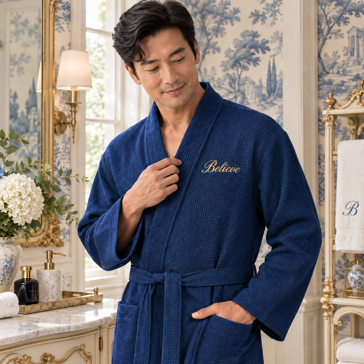 Waffle Spa Bathrobe for Men -  Absorbent, Lightweight