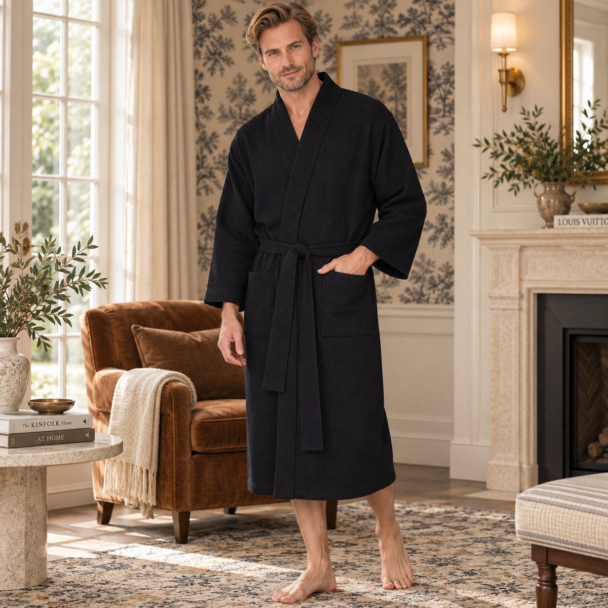 Waffle Spa Bathrobe for Men -  Absorbent, Lightweight